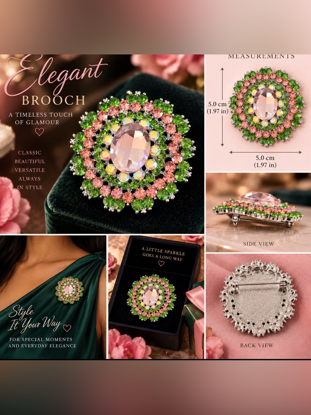 Elegant Pink and Green Crystal Brooch - Women's Jewelry